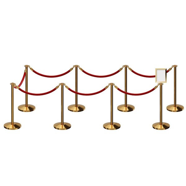 Montour Line Stanchion Post & Rope Kit Pol.Brass, 8FlatTop 7RedRope 8.5x11V Sign C-Kit-7-PB-FL-1-Tapped-1-8511-V-7-PVR-RD-PB